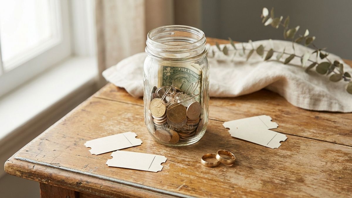 A mason jar full of cash and coins next to raffle tickets and two gold wedding rings on a wooden table