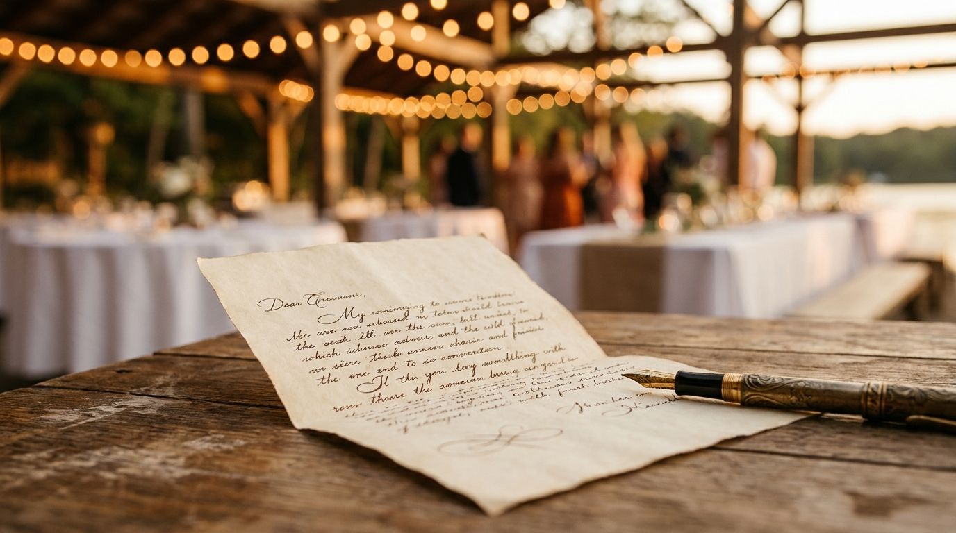 A handwritten wedding prediction sheet and pen on a wooden table at golden hour, with a blurred lakeside reception in the background.