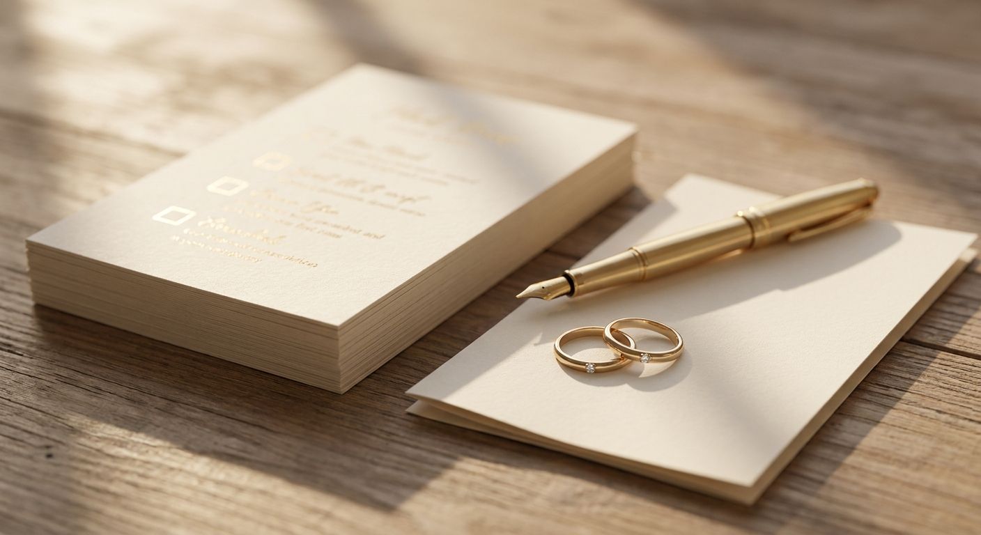 An editorial flat-lay of printed wedding prop bet cards, a gold pen, and two gold rings on cream stationery in warm golden-hour light