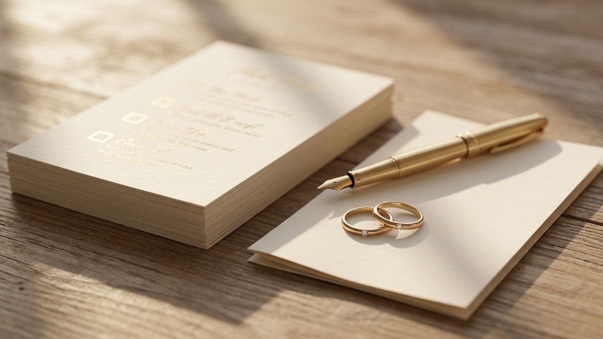 An editorial flat-lay of printed wedding prop bet cards, a gold pen, and two gold rings on cream stationery in warm golden-hour light