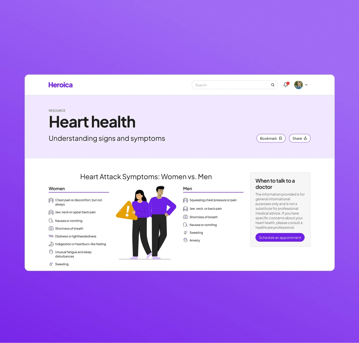 Healthcare website showing heart attack symptoms comparison between women and men. Two illustrated figures in purple clothing stand in the center, with symptom lists on either side. Women's symptoms include chest pain, jaw/neck/upper back pain, nausea, shortness of breath, dizziness, indigestion, fatigue, and sweating. Men's symptoms include squeezing chest pressure, jaw/neck/back pain, shortness of breath, nausea, sweating, and anxiety. A sidebar offers appointment scheduling.
