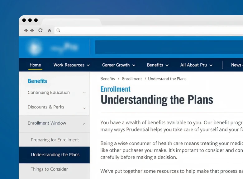 Screenshot of an employee benefits website showing the 'Understanding the Plans' page under the Enrollment section. The navigation menu displays options for Benefits, Continuing Education, Discounts & Perks, and Enrollment Window. The main content area contains text explaining benefit options and healthcare decision-making resources.