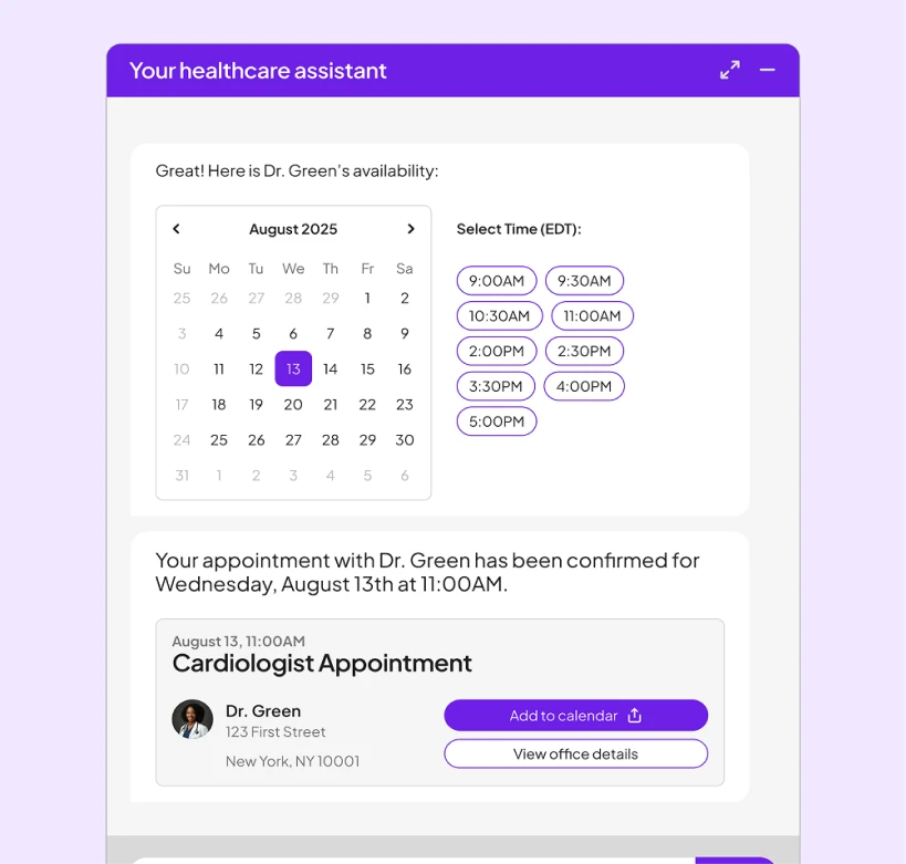 A healthcare appointment scheduling interface showing Dr. Green's availability calendar for August 2025 with the 13th selected, multiple time slots displayed (9:00AM to 5:00PM), and a confirmation card below showing a scheduled Cardiologist Appointment for Wednesday, August 13th at 11:00AM with options to add to calendar or view office details.