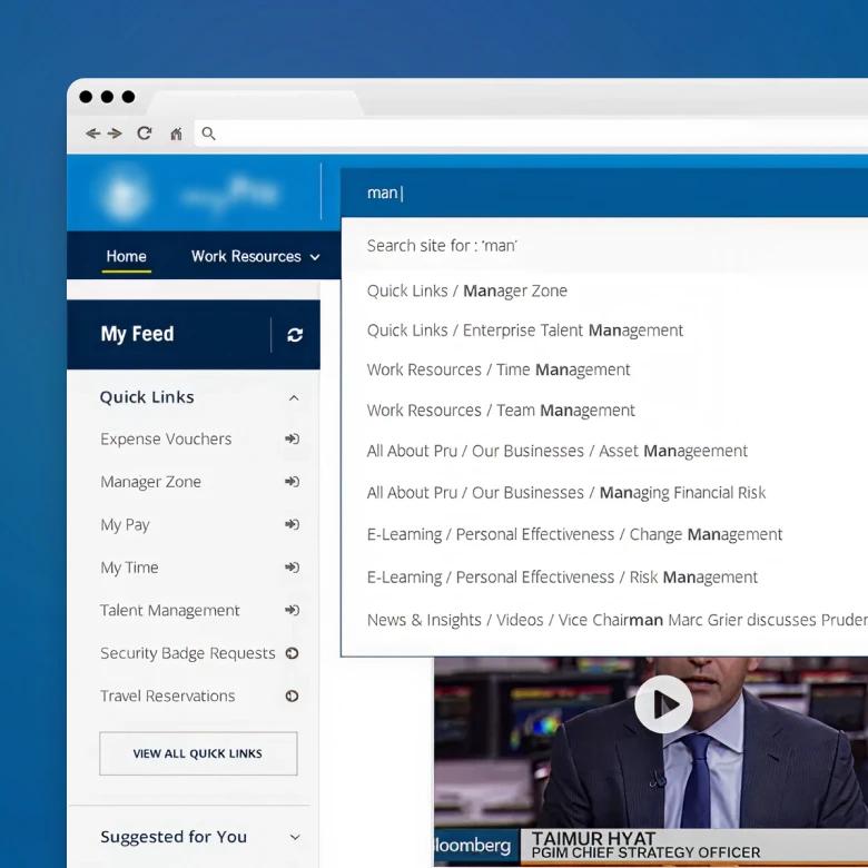 Screenshot of an insurance company employee intranet portal showing a search dropdown menu for 'man' with various management-related results including Manager Zone, Enterprise Talent Management, Time Management, and Asset Management. The left sidebar displays Quick Links menu items and a video thumbnail showing a Bloomberg interview with Taimur Hyat, PGIM Chief Strategy Officer.