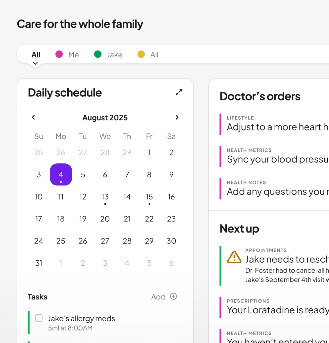 A healthcare management interface showing a daily schedule calendar for August 2025 with family member filters (Me, Jake, Ali) at the top. The left side displays a calendar with August 4th highlighted and tasks below including Jake's allergy medication reminder. The right side shows doctor's orders including lifestyle adjustments and health metrics, plus a next up section with appointments and prescription notifications.