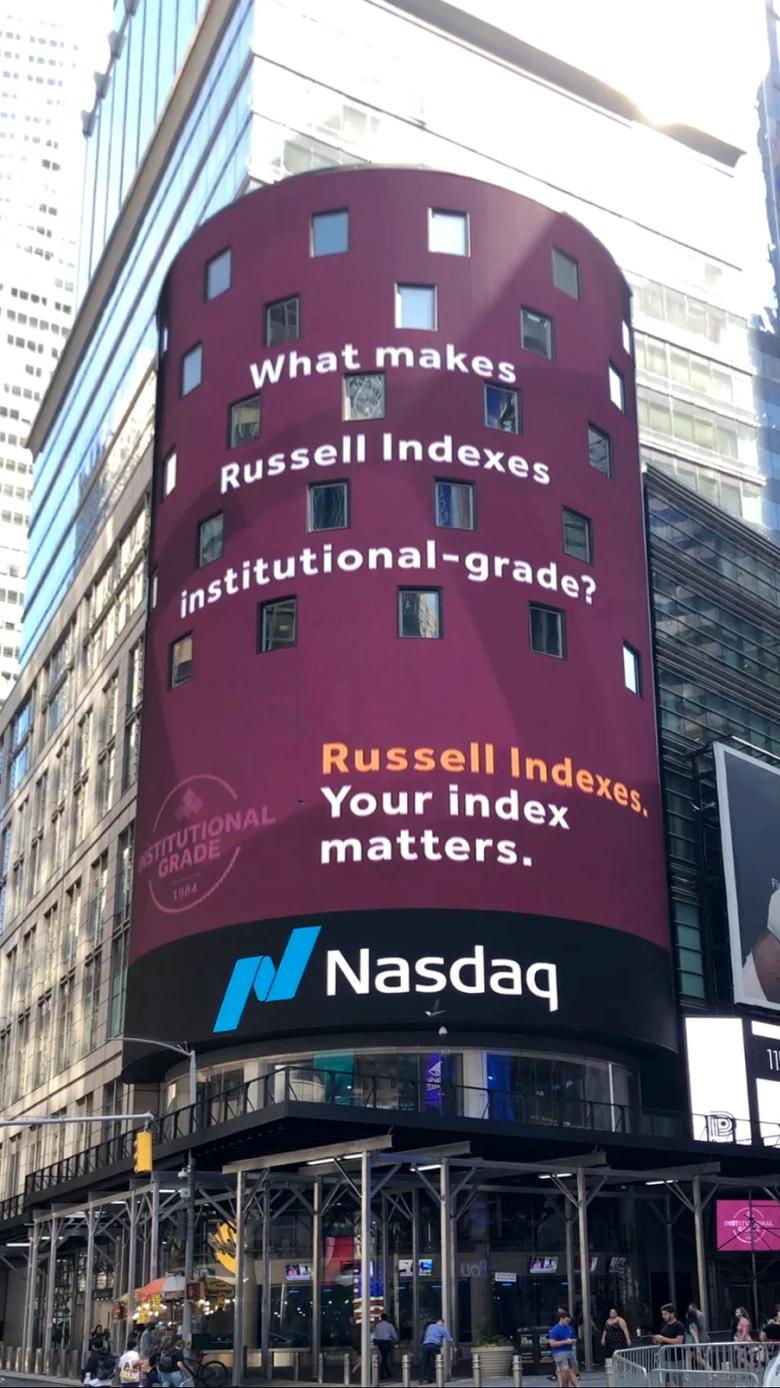 Digital billboard on Nasdaq tower advertising Russell Indexes