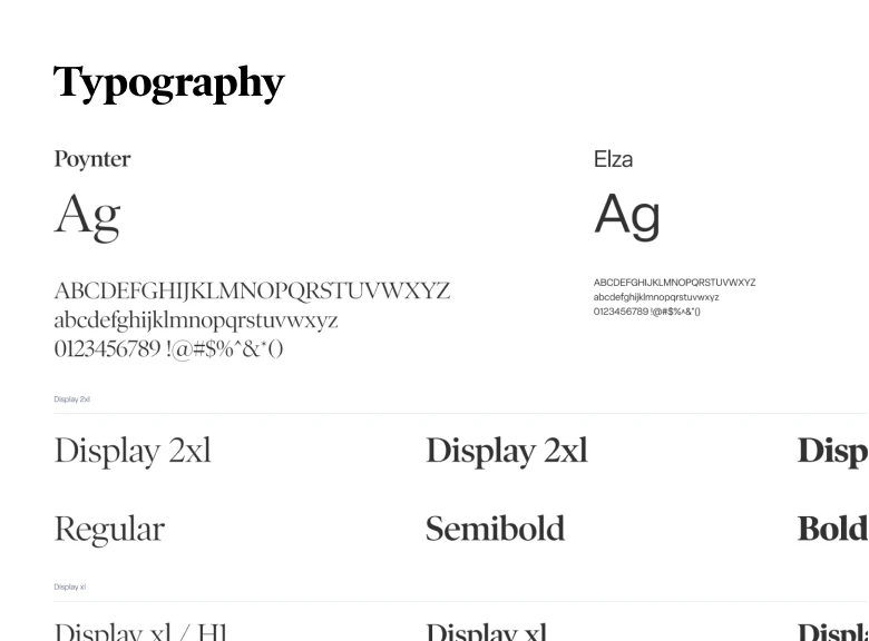 Typography specimen sheet showing two typeface families: Poynter and Elza. Displays include uppercase, lowercase, numbers, and special characters, along with different font weights labeled as Display 2xl, Regular, Semibold, and Bold.