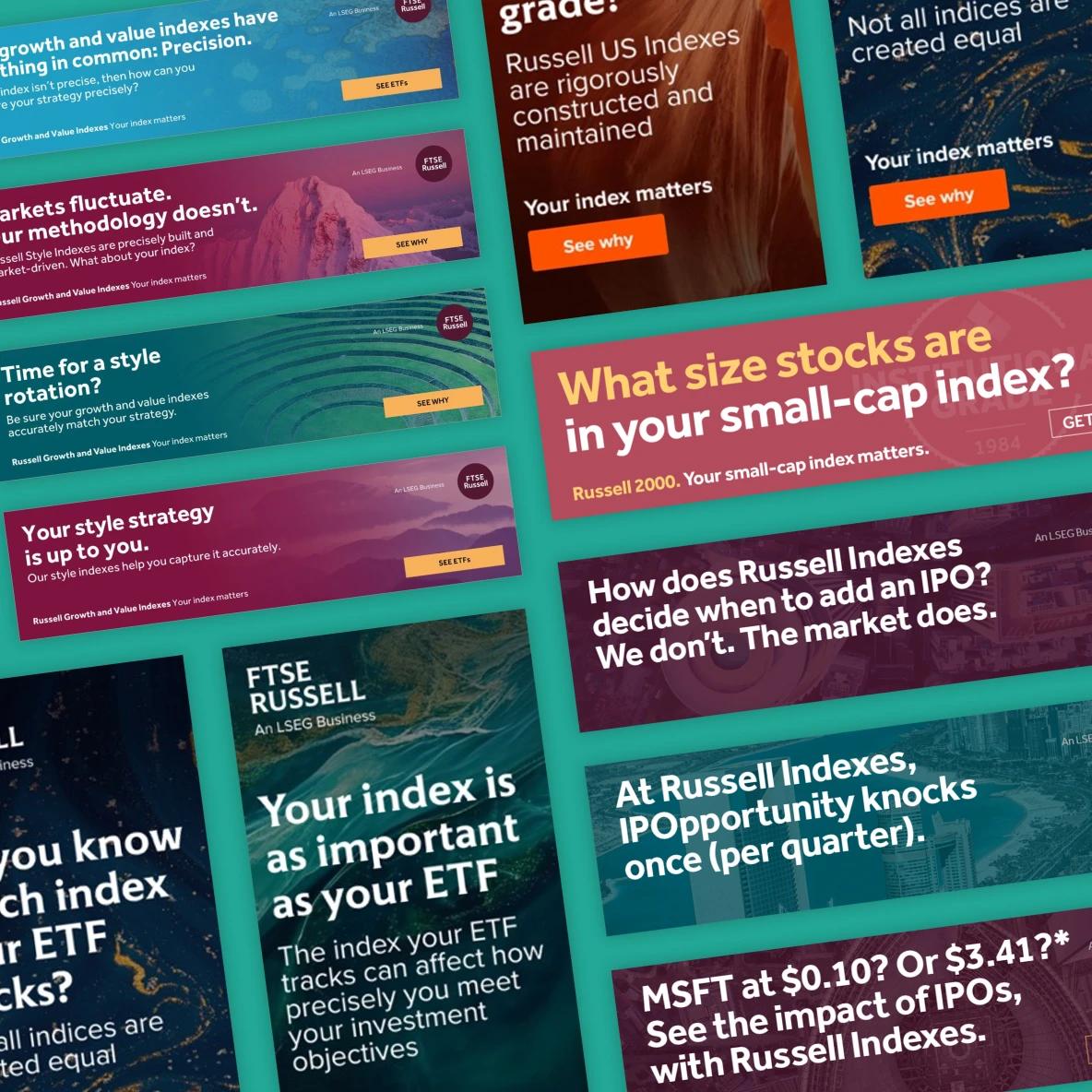 A mosaic of banner ads for Russell Indexes