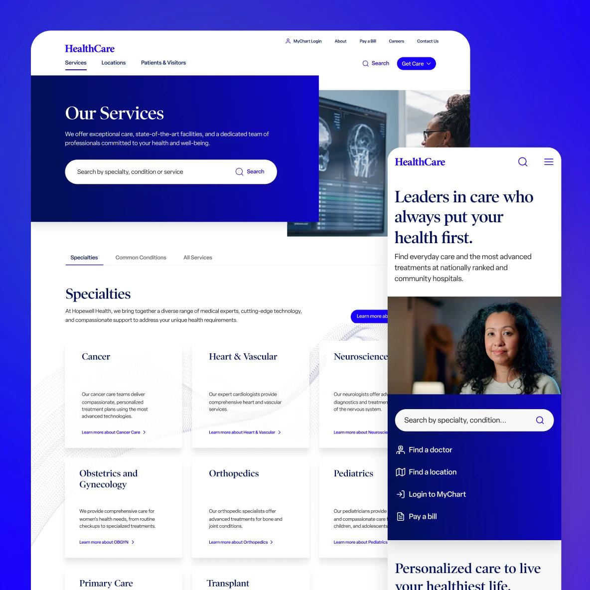 Healthcare website showing medical services page with doctor examining brain scan on monitor and interface displaying various medical specialties including cancer care, heart and vascular, neuroscience, and other services