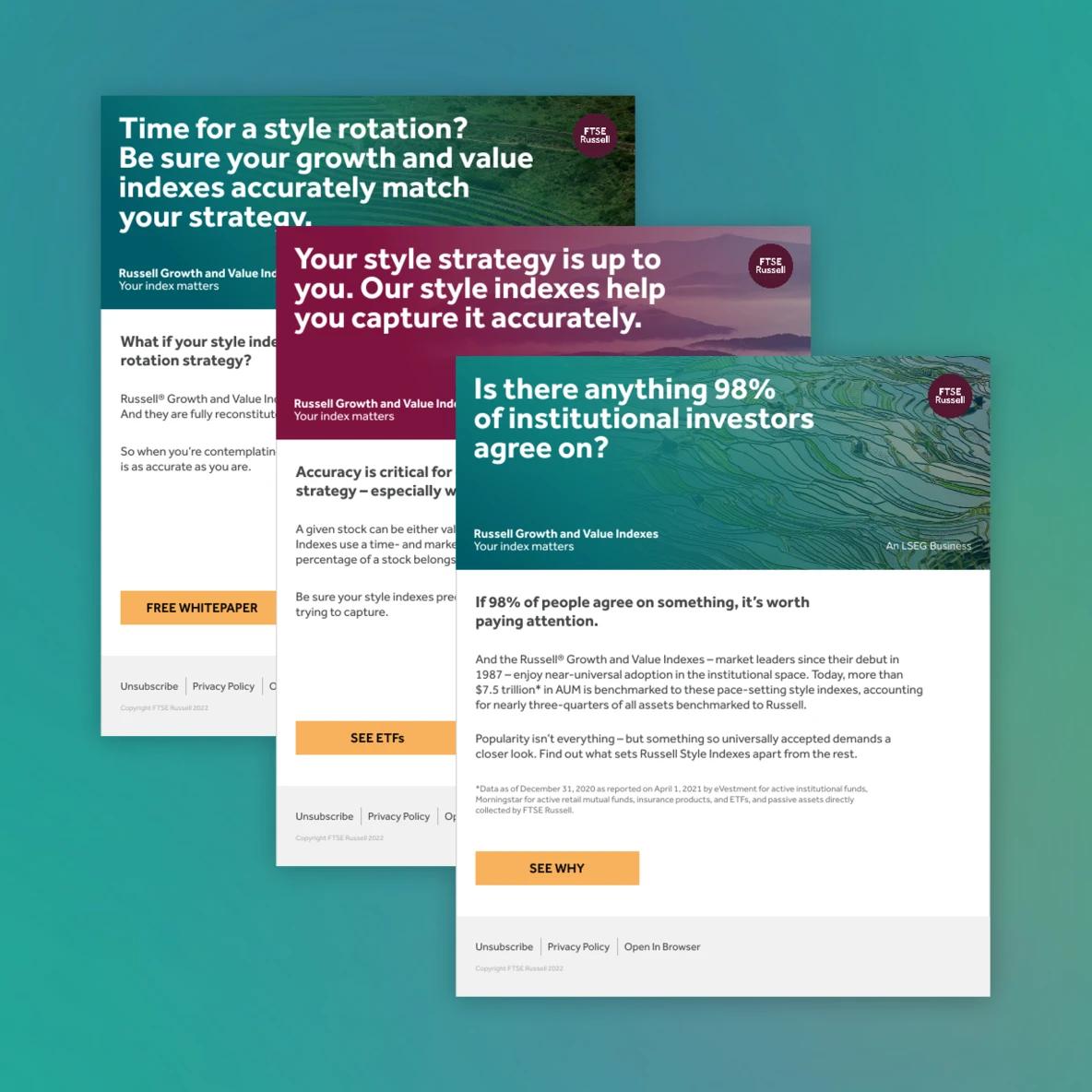Three email designs about whitepapers, ETFs, and Why Russell Style Indexes