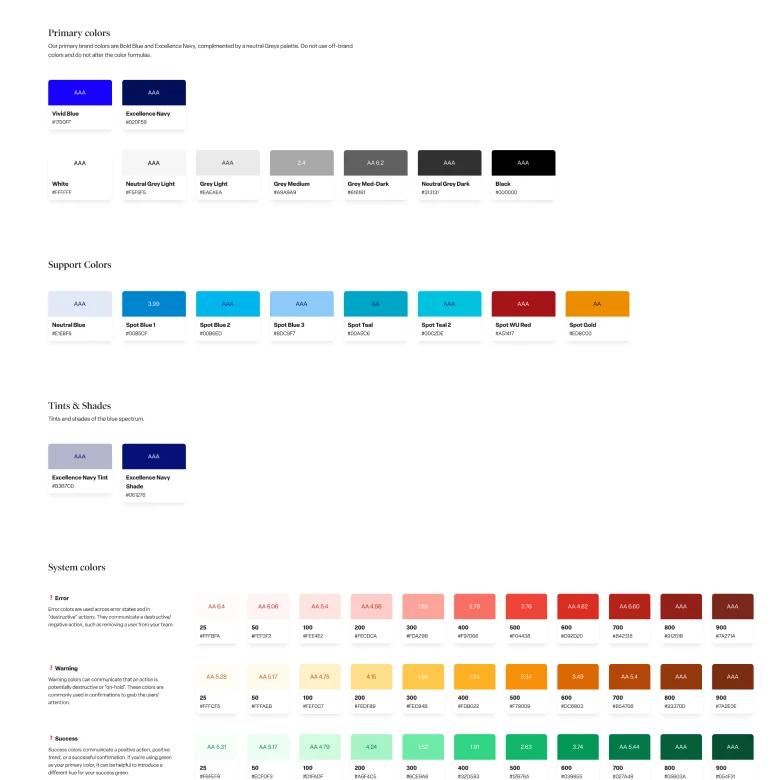 A comprehensive color palette showing primary colors in blue and grayscale, support colors including various shades of blue, teal, red and gold, tints and shades of the primary colors, and system colors organized by error (reds), warning (yellows/oranges), and success (greens) states with corresponding hex codes and AAA accessibility ratings.