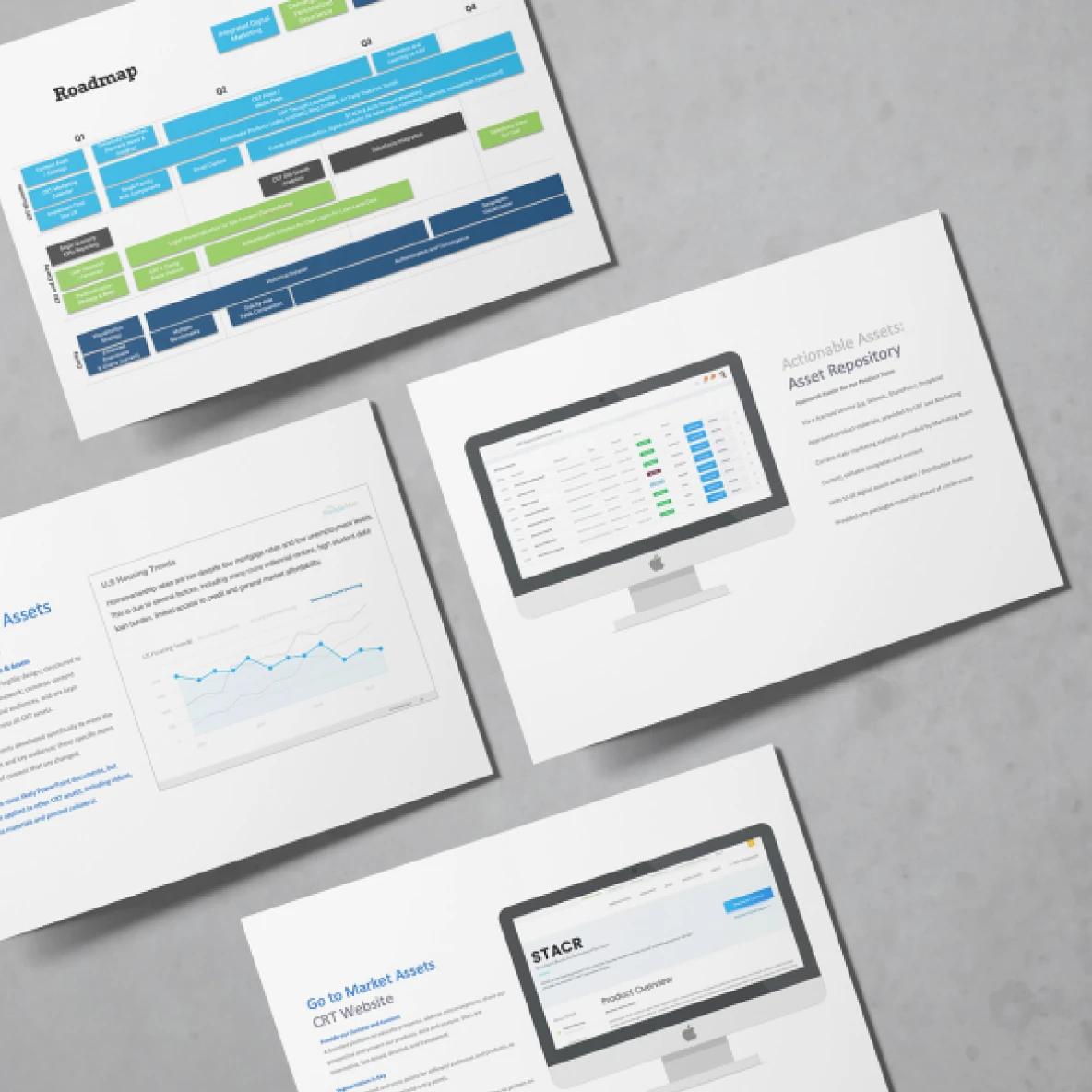 A flat lay arrangement of five white pages displaying various product management documents including a colorful roadmap with blue, green, and dark bars at the top, charts showing asset data with blue line graphs, computer screen mockups displaying an asset repository interface and STACR product overview, all arranged on a light gray background.