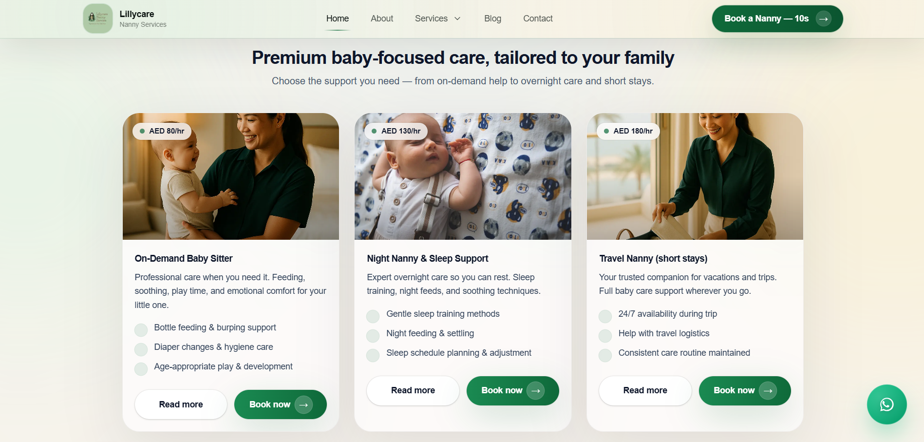 Services Card grid for Nanny service