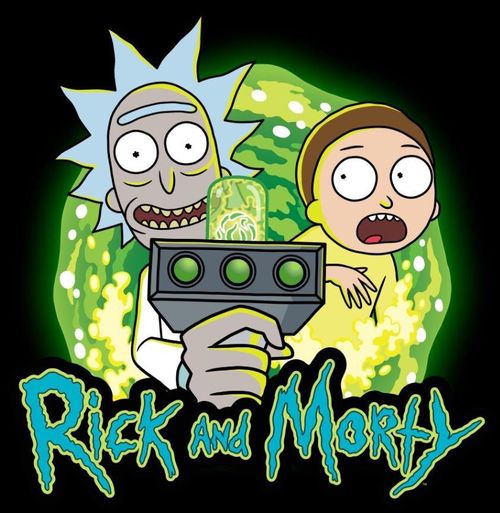 Rick and Morty in front of portal. Rick pointing portal gun forward at you.