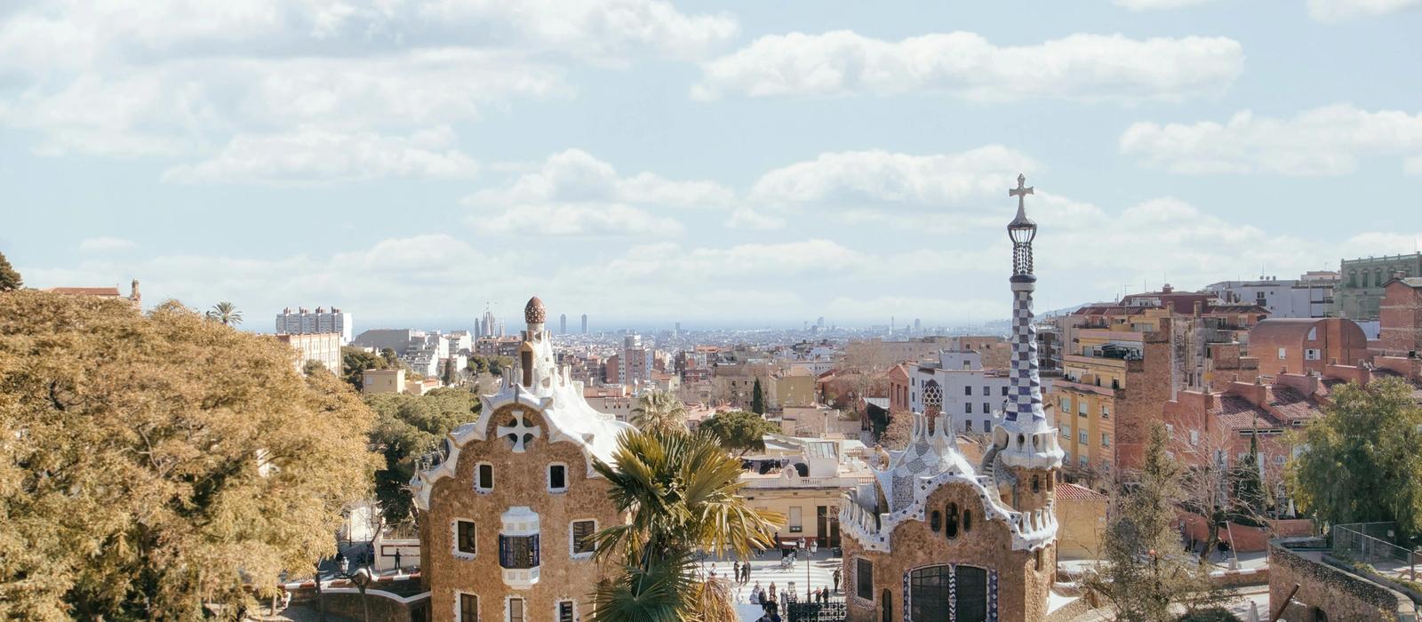 The colorful mosaic terrace and city view from Park Güell