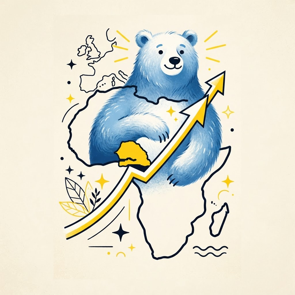 Illustration éditoriale : l’ours Alan et la carte du Sénégal reliés par une flèche ascendante