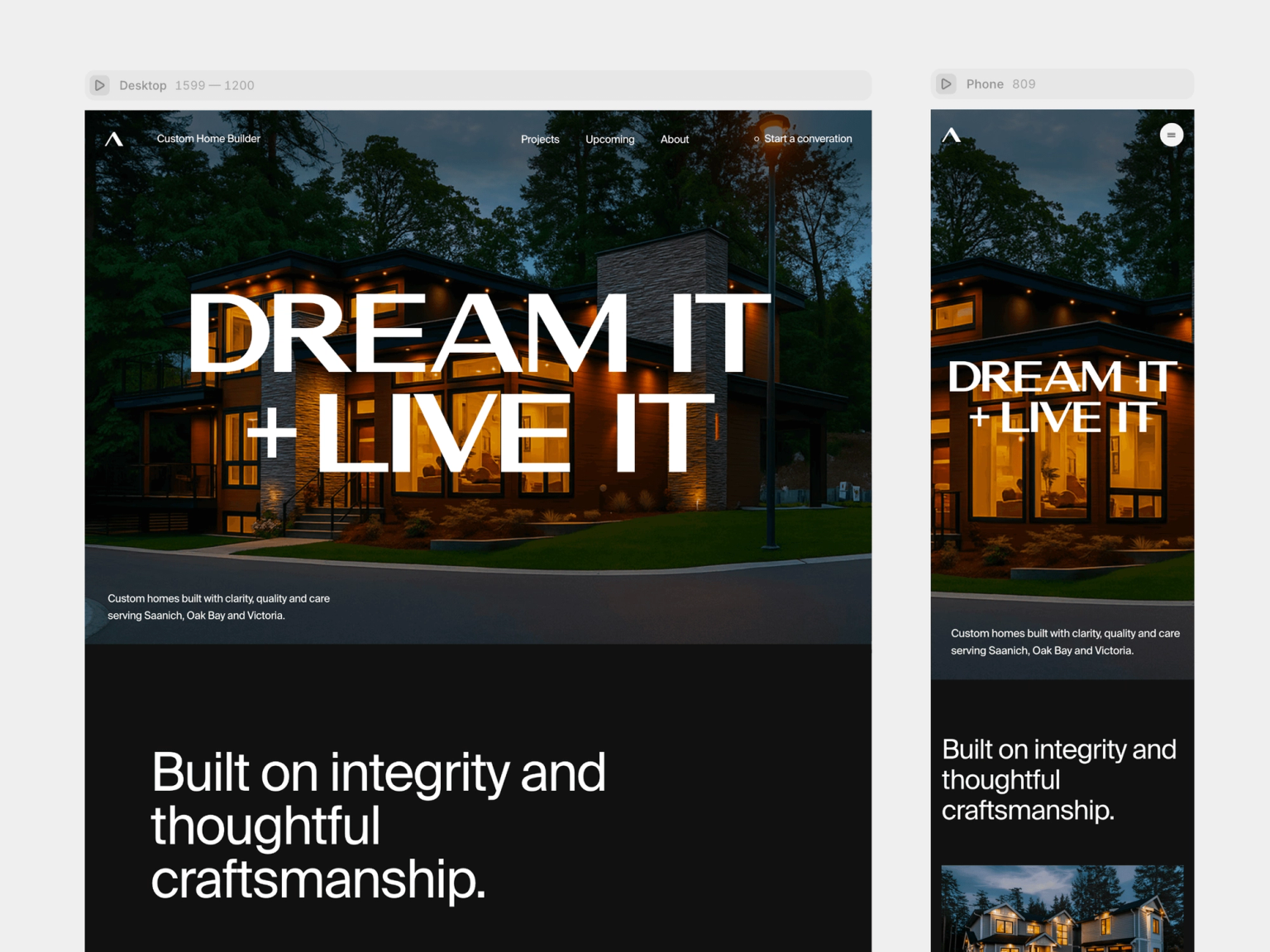 Patriot Homes website on a desktop monitor, showing the home page headline Dream it + Live it over a modern home lit at dusk