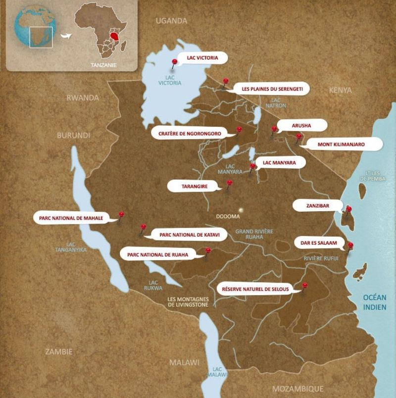 Carte de la Tanzanie et des lacs en Afrique.