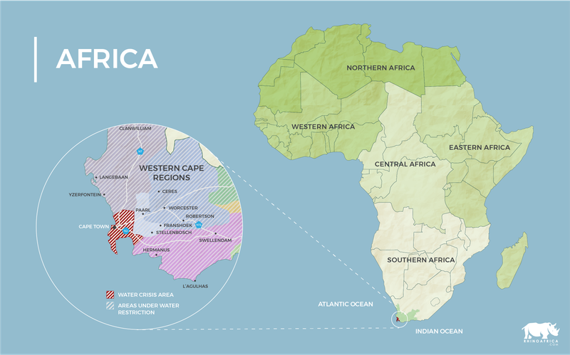 Karte von Afrika mit der von der Dürre betroffenen Metropolregion im Western Cape