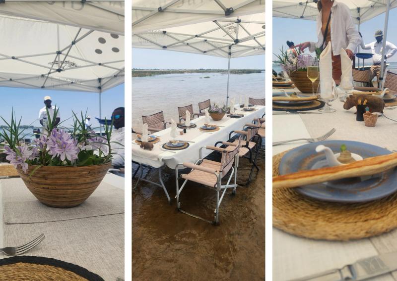 A collage of 3 images showing a lunch set up in the shallow waters in the Zambezi