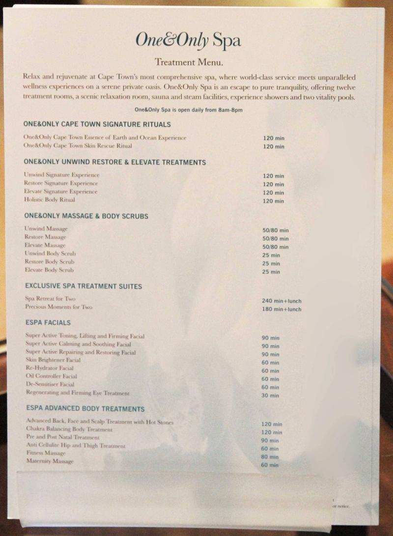 One&Only Spa Treatment Menu