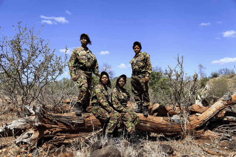 Membros da Black Mamba Unit posam em meio à natureza