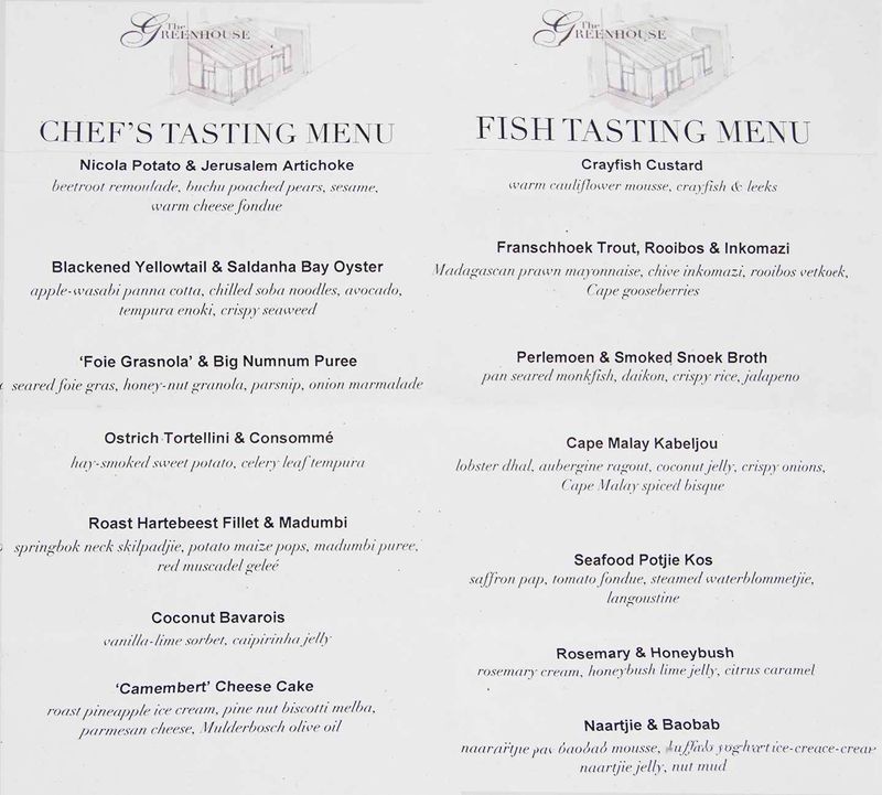The Greenhouse at Cellars Hohenort menu