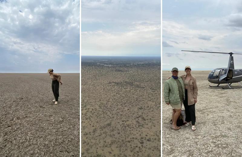 Claudia exploring the Makgadikgadi Salt Pans and taking a scenic helicopter flight in Botswana.
