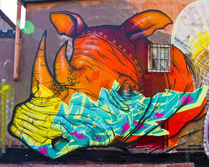 Geheimtipps in Kapstadt: Graffiti eines bunten Nashorns in Woodstock