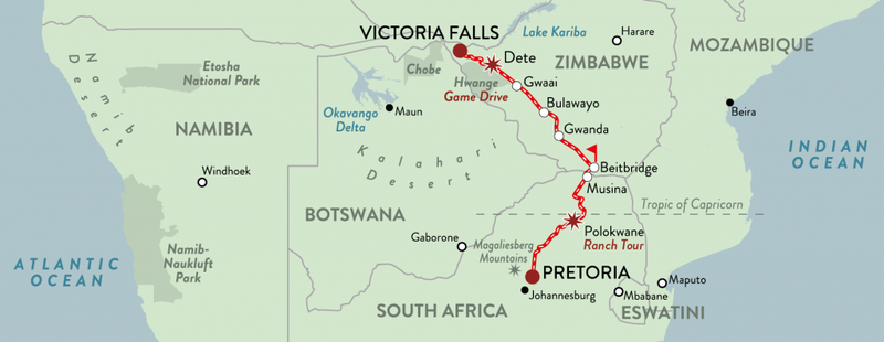 Um de seus safáris de trem de luxo na África Austral começa em Pretória e viaja para as Cataratas Vitória