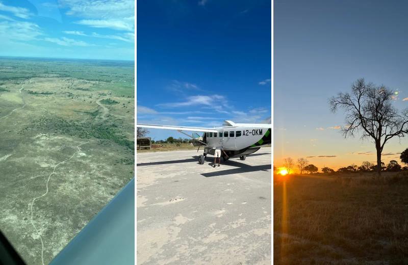 Imagens aéreas, uma aeronave leve e um pôr do sol capturados durante uma viagem ao Delta do Okavango, em Botsuana.