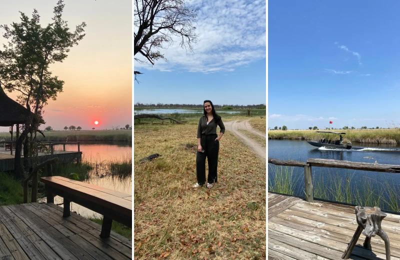 Claudia overlooking the Okavango Delta at sunset and enjoying a boat cruise in Botswana.