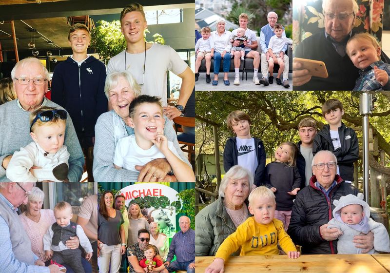 A collage of Roy, Cynthia his wife, children and grand children