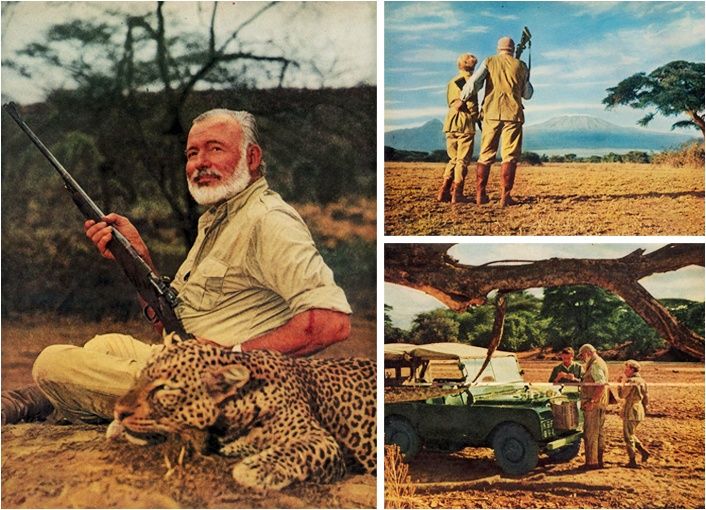 Hemingway em uma de suas expedições de caça pela África. Hoje, os únicos objetos a serem apontados em direção aos animais são câmeras fotográficas.