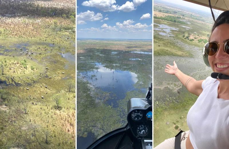 Claudia enjoying a scenic helicopter flight above Botswana's Okavango Delta.