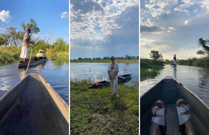 Traditional mokoro canoe gliding through Botswana's Okavango Delta.