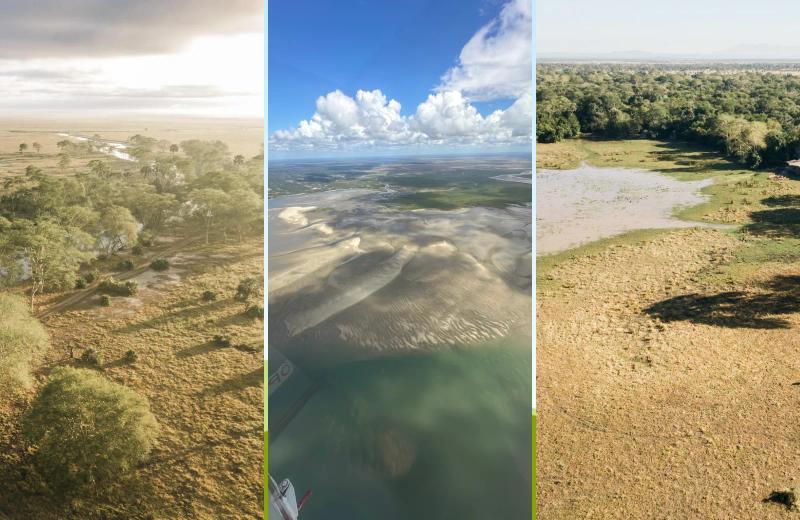 Aerial views showing the varied wetlands, waterways and woodland landscapes of Gorongosa National Park.