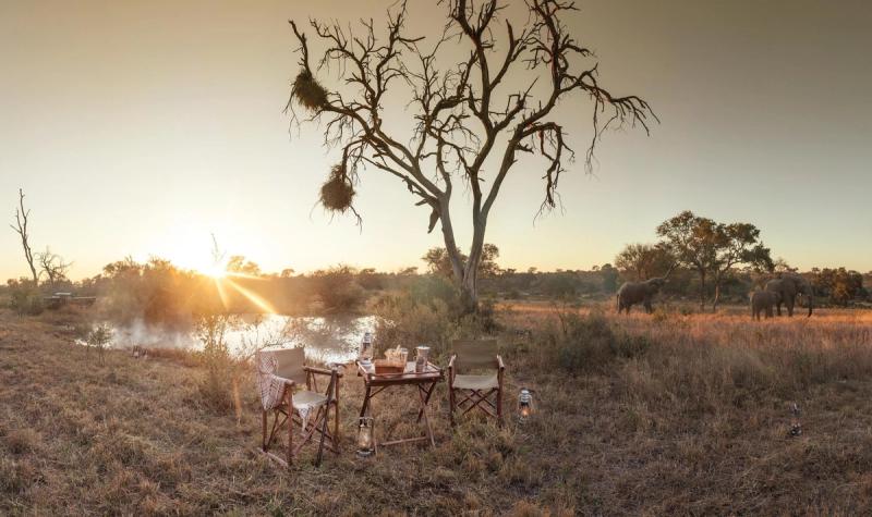 A small table and canvas chairs set beside a misty waterhole at sunrise, with elephants passing through the background, capturing the intimacy offered by lodges with the best waterholes.