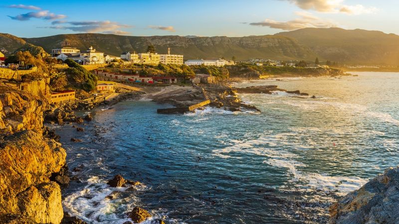 A coastal view of Hermanus at sunset, where cliffside restaurants offer front-row seats for whale watching in Hermanus