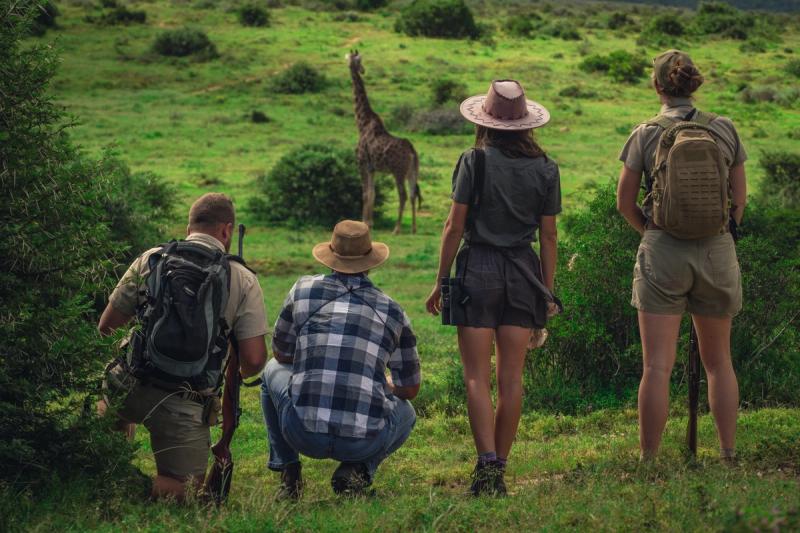 Group of people looking at a giraffe in the distance on walking safari