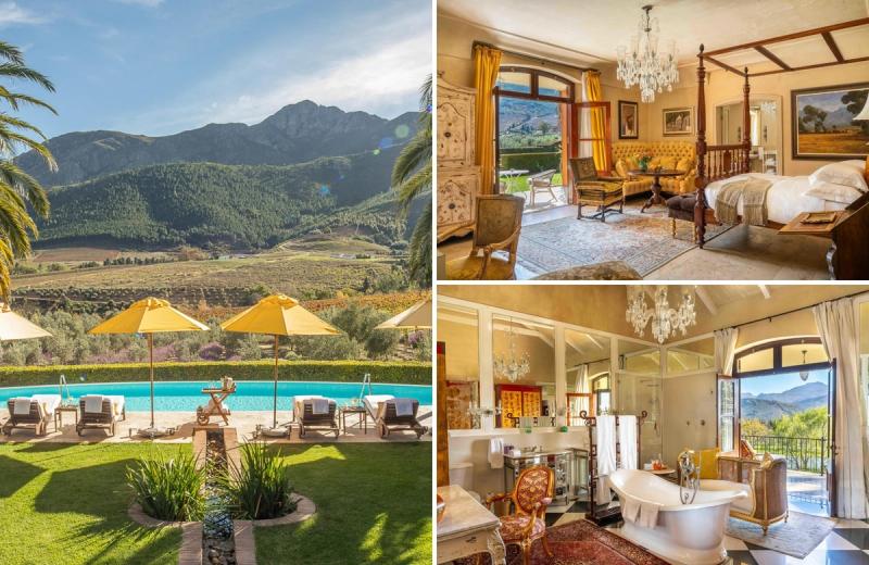A collage reveals La Residence’s mountain-framed pool, opulent suite interiors, and elegant bathrooms, capturing the indulgent calm of a South African honeymoon.