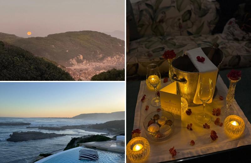 A collage captures moonrise over coastal hills, sweeping ocean views at dusk, and a candlelit champagne setup inside Birkenhead House, evoking the intimacy of a South African honeymoon.
