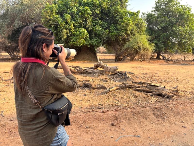 Woman taking a photo of wildlife on walking safari