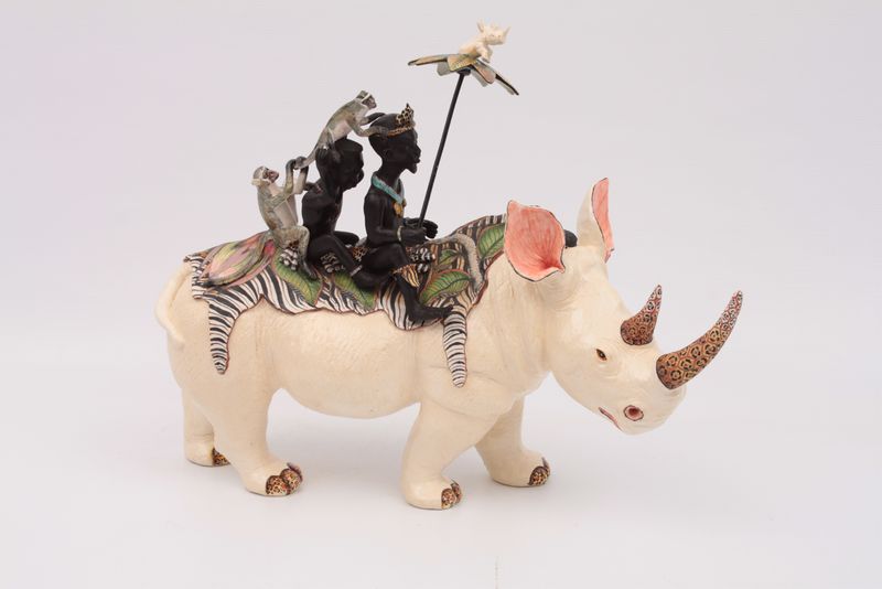 Ardmore Ceramic's sculpture of small rhino with riders