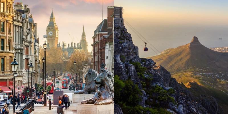 The left side of the image captures London’s iconic Big Ben and bustling streets with red double-decker buses, while the right side shows a cable car ascending Table Mountain in Cape Town with a view of Lion’s Head.