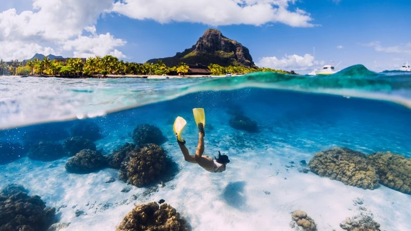 A snorkeller with yellow fins swims over coral reefs in clear blue water, with a lush tropical island and mountain in the background
