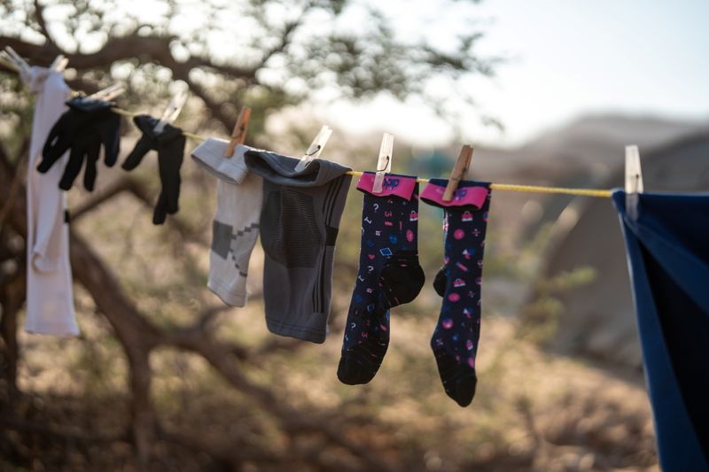 Socks hanging on a washing line