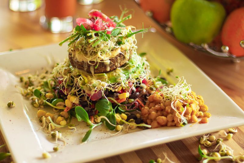 Gourmet-style vegan burger with sprouts