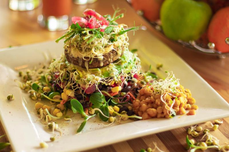 Gourmet-style vegan burger with sprouts