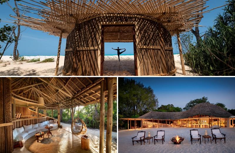 A woven beachfront pavilion frames a yoga silhouette against turquoise sea, alongside open-air lounges and a candlelit thatched dining area, capturing the barefoot exclusivity that complements the finest Luxury safari lodges in Tanzania.